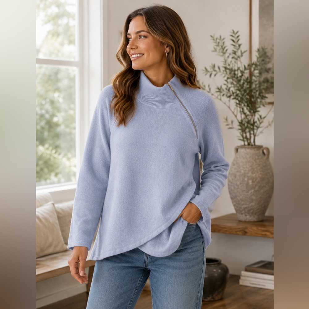 Soft Surroundings Blue Asymmetrical Zip Cowl Neck Sweater Cozy - Size Large